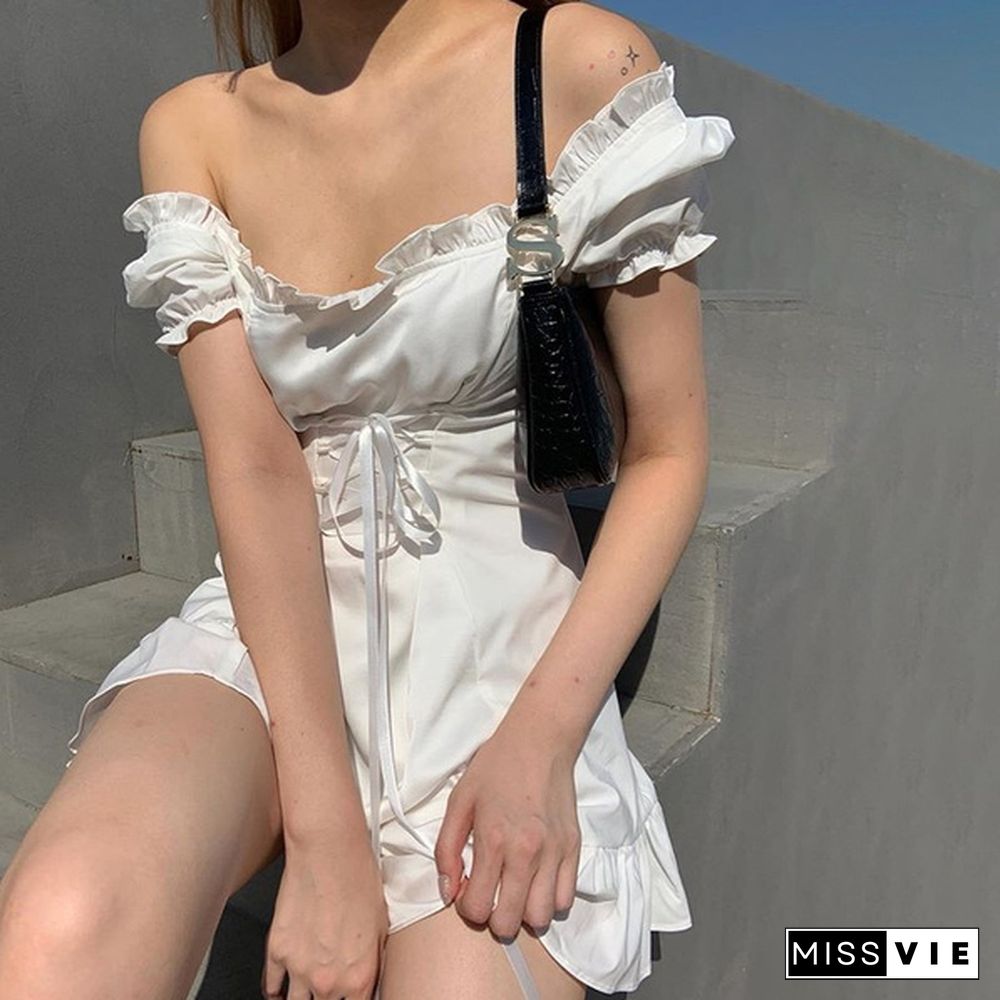 Off Shoulder Lace Up White Dresses Puff Sleeve Ruffle Hem A-line Mini Dress