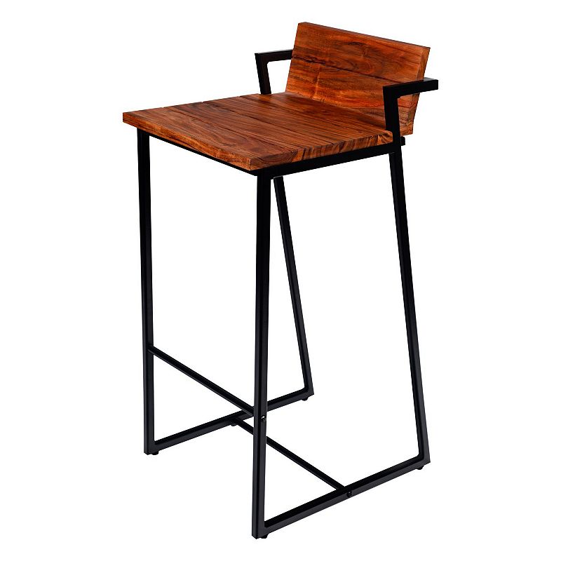 30 Inch Industrial Style Acacia Wood Barstool with Metal Frame， Brown and Black