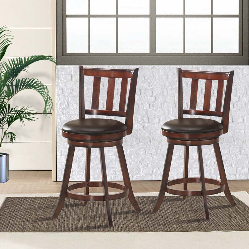 2-Pack Wood Swivel Bar Stools Counter Height Kitchen Dining Chairs Pub Stools with Soft Leather Seat