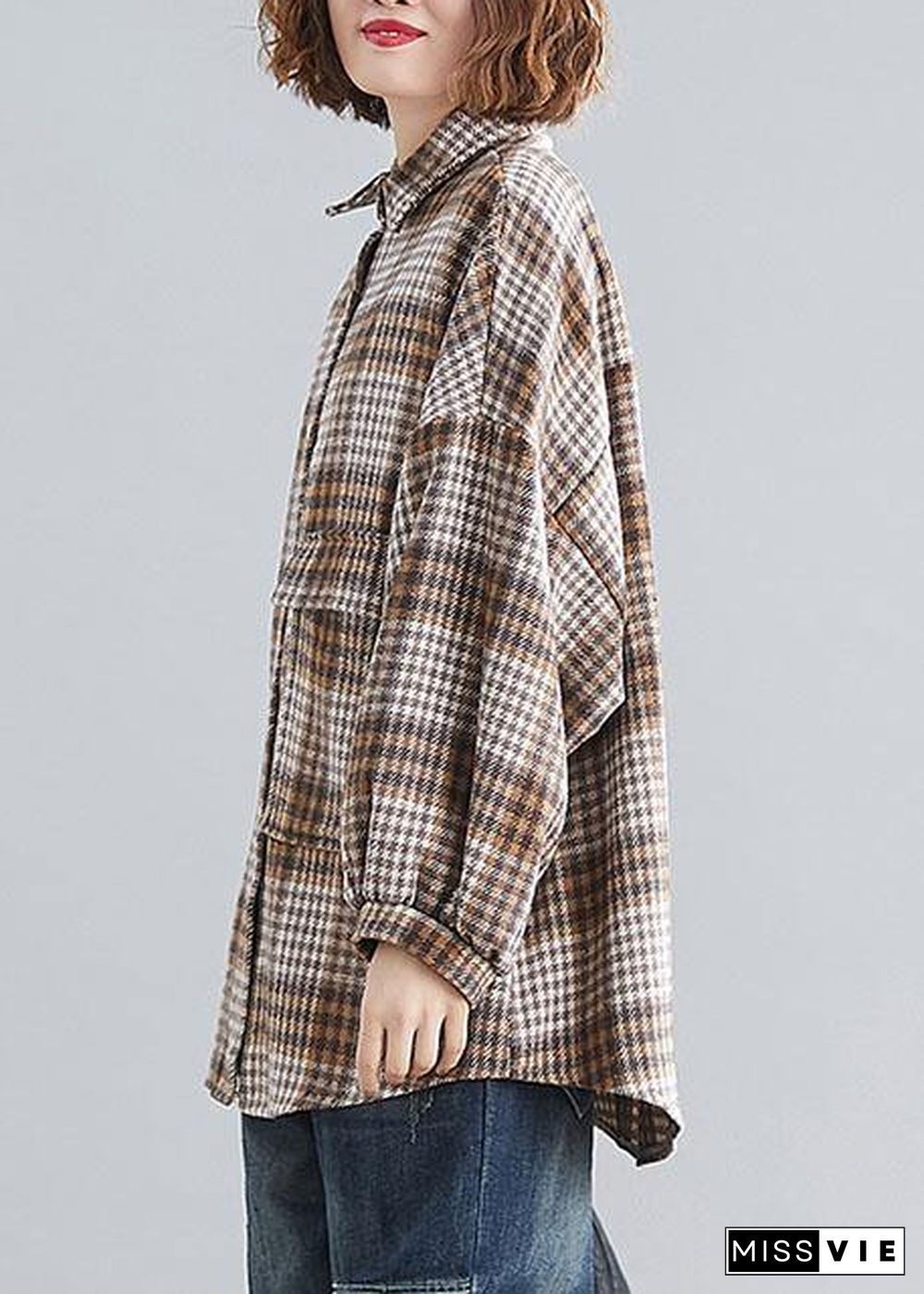 Handmade lapel Batwing Sleeve linen Long Shirts khaki plaid Knee top