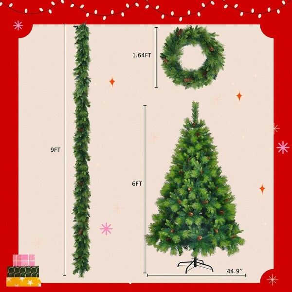 6FT Green Christmas Tree，Branches Pine Tree，PreLit Set with Tree and Garland and Wreath，Christmas with Pine Cones，Hinged Xmas Tree