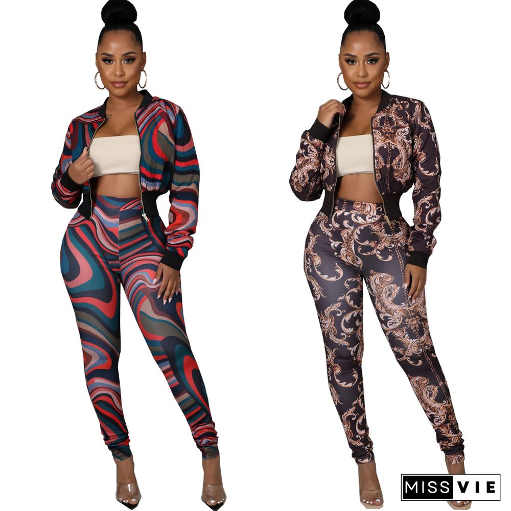 Printed Long Sleeve Zipper Jacket And Pant Suits