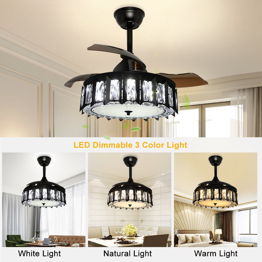 DingLiLighting Remote LED Crystal Ceiling Fans with Light,Industrial Ceiling Fan Lighting with Retractable Blades for Bedroom, Black Ceiling Fan Light Kit, 3 Wind Speeds,Timing