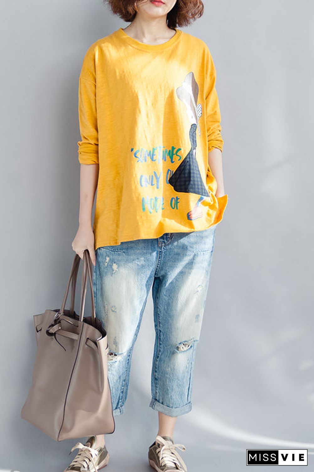 Elegant yellow cotton linen tops women plus size Wardrobes o neck long sleeve loose spring top