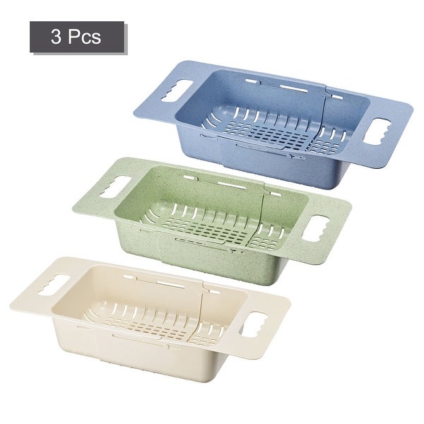 3 Pack Extendable Over the Sink Colanders Strainer for Kitchen - blue green khaki - 38cm x 19cm x 8cm