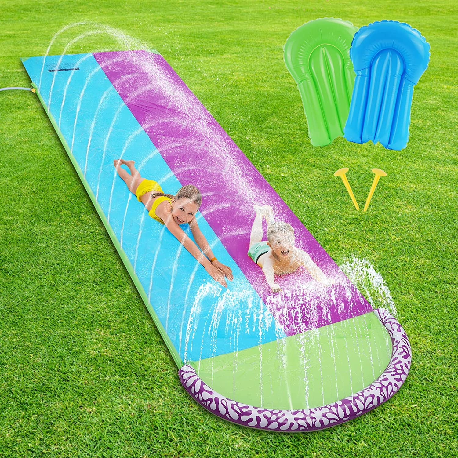 Lavinya Lawn Water Slide for Children and Adults Slip and Slide, Water Slide Waterslide with 2 Boogie Boards 15.8' Foot 2 Sliding Racing Lanes with Sprinklers Water Slides for Backyard Fun