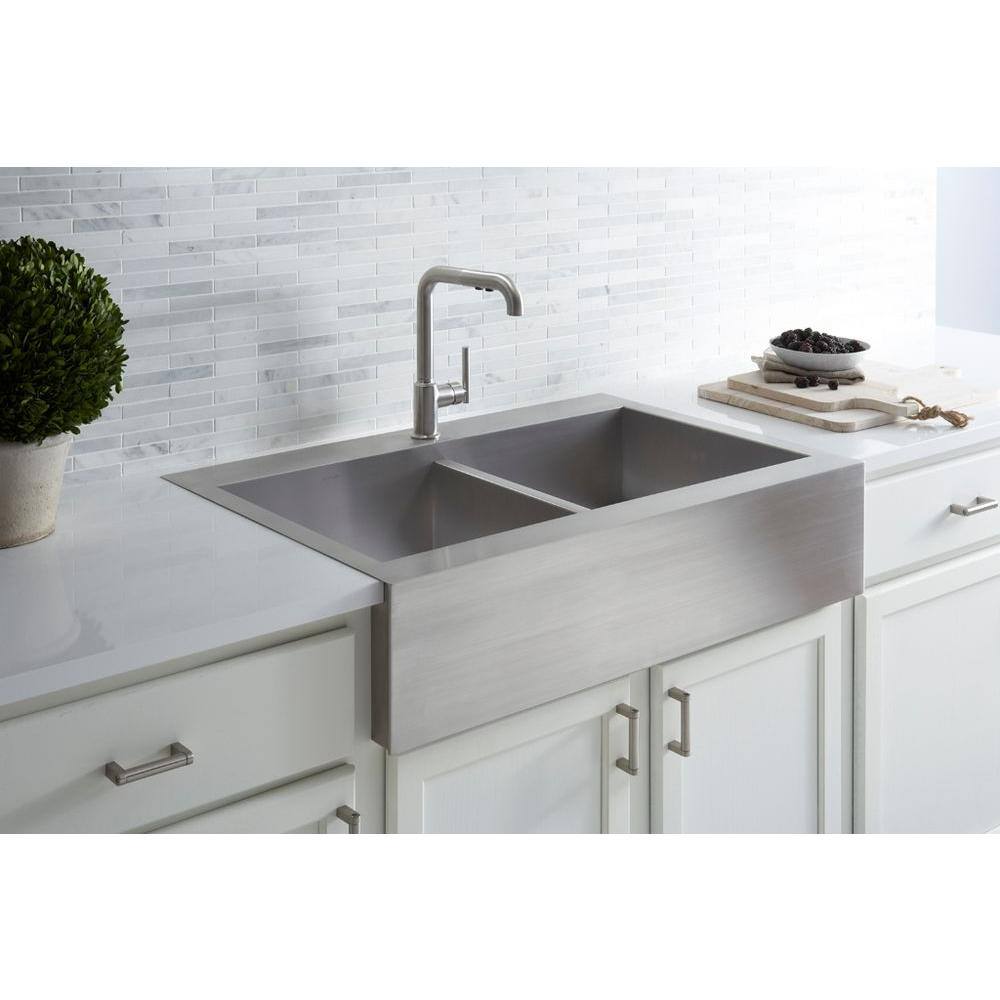 KOHLER Vault Farmhouse Drop-In Apron Front Self-Trimming Stainless Steel 36 in. 1-Hole Double Bowl Kitchen Sink K-3944-1-NA