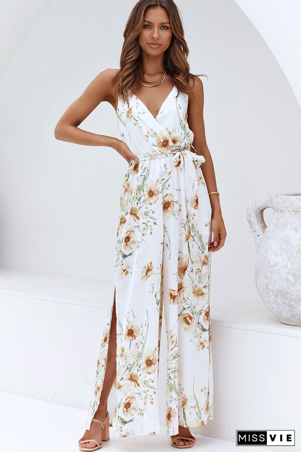 White Poppy Print Belted Cami Wide Leg Jumpsuit