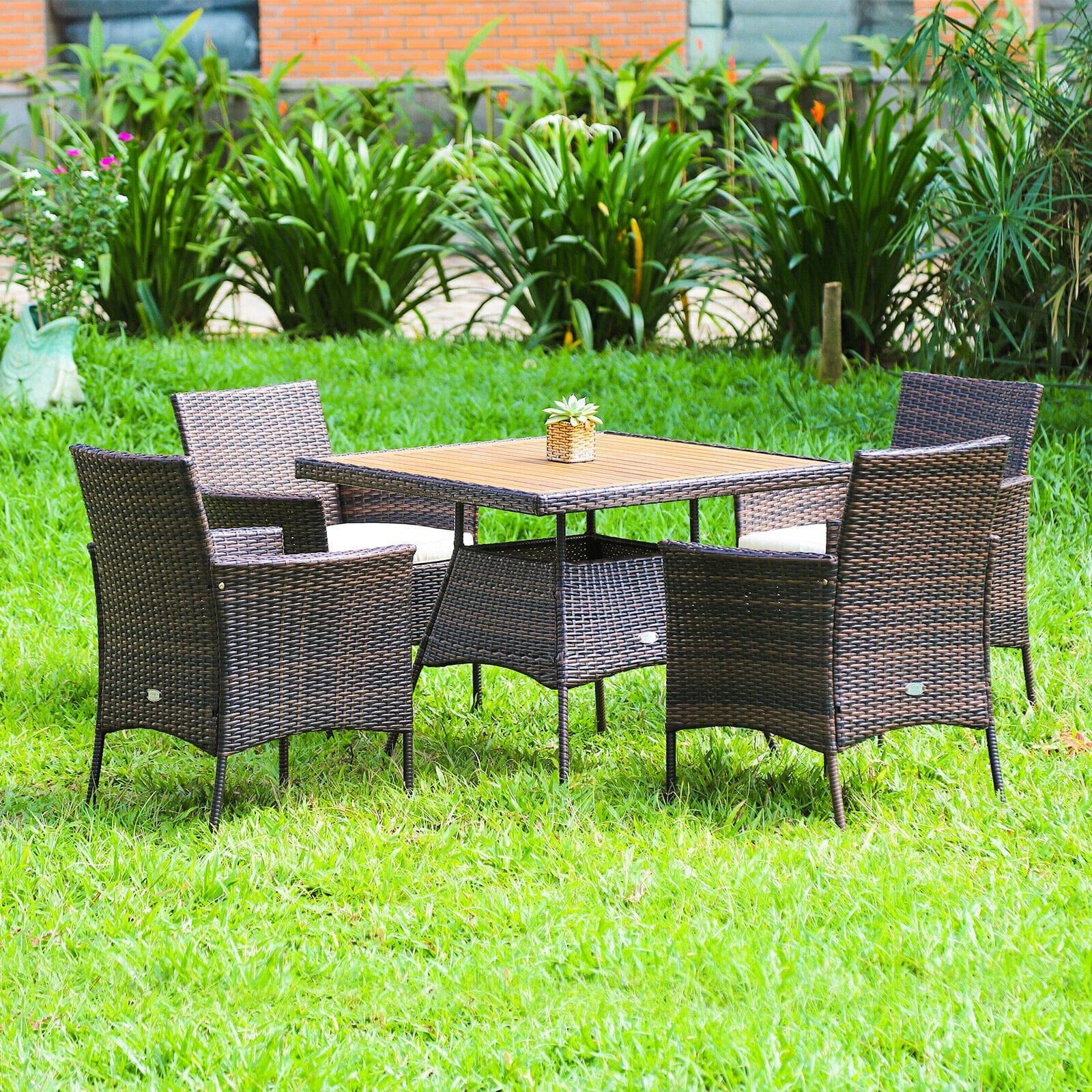 5 Pcs Rattan Patio Dining Table Set with Umbrella Hole, Acacia Wood Tabletop & 4 Cushioned Armchairs