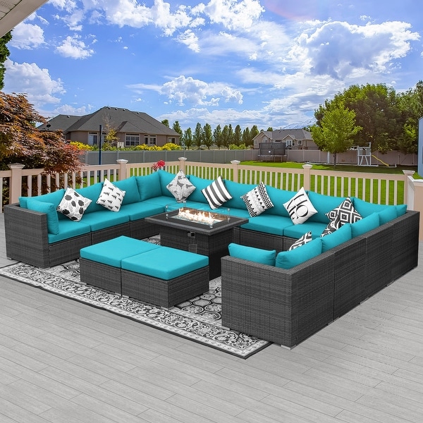 Nicesoul Outdoor Grey Wicker Sectional Furniture Patio Sofa Set with Firepit Table