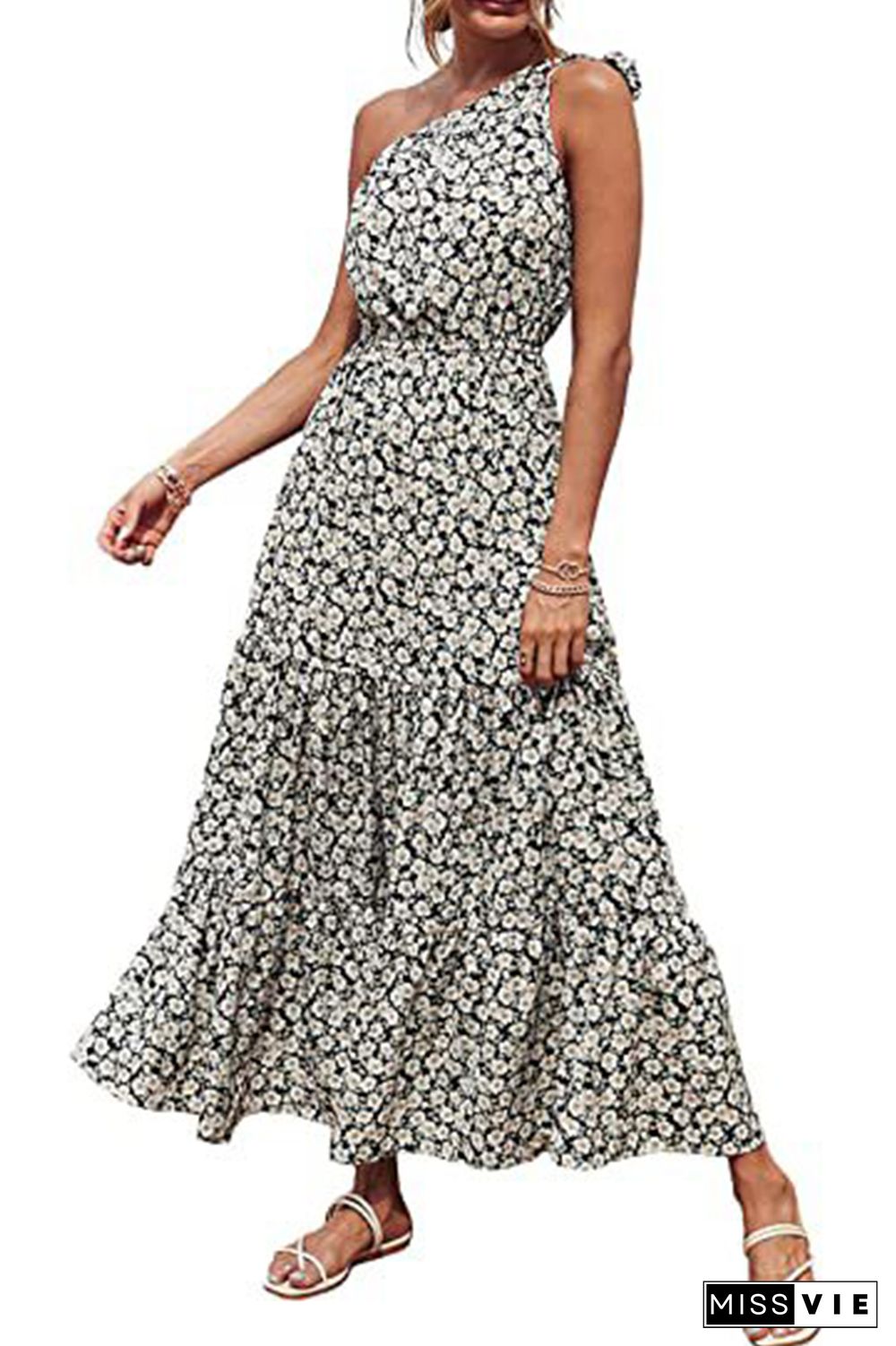 Floral Print One Shoulder High Waist Dress Wholesale