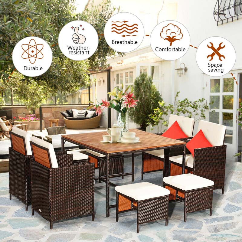 9 Pcs Rattan Wicker Outdoor Patio Dining Set with Acacia Wood Dining table, 4 Ottomans, 4 Cushioned Armchairs