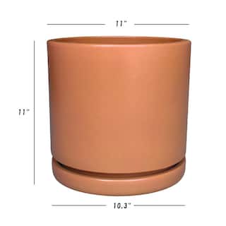 Trendspot 11 in. x 11 in. Matte Terracotta Cylinder Ceramic Planter with Inline Saucer HUCR02207S-11T