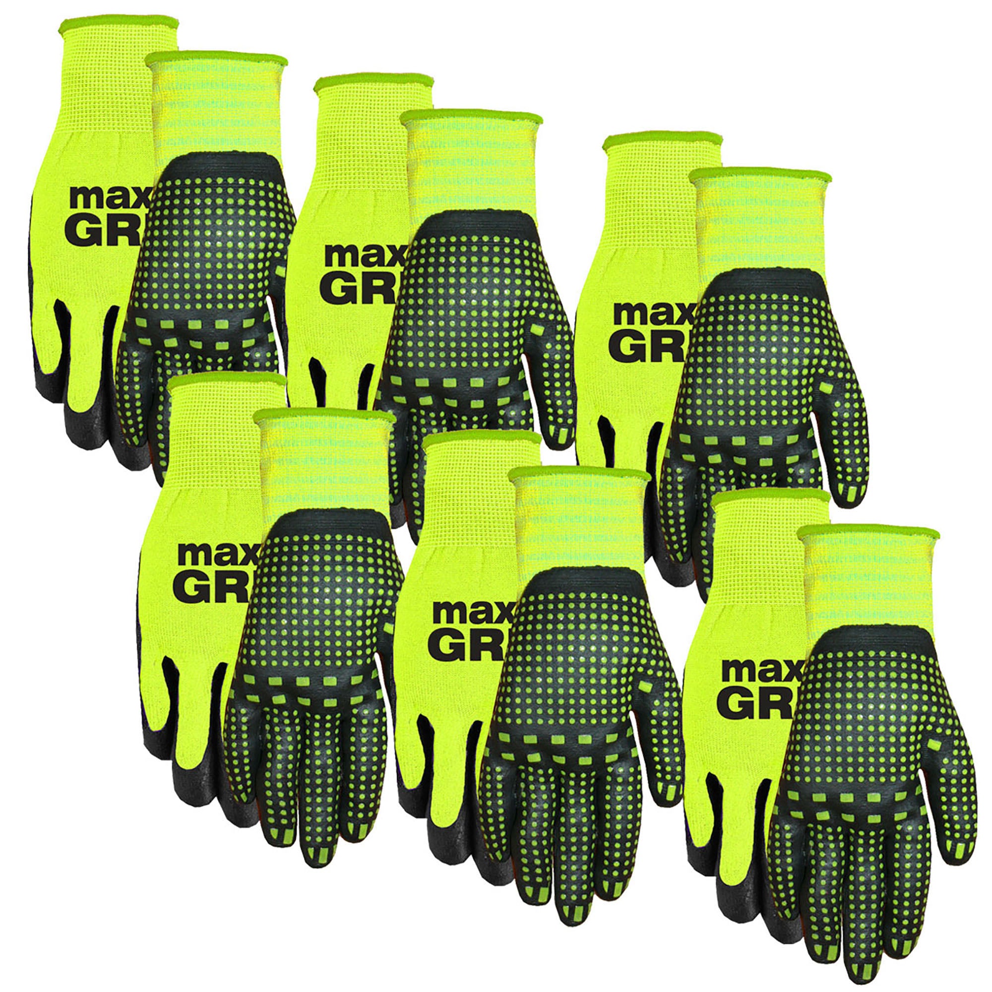 MidWest Gloves & Gear, Unisex, 6 Pack Max Grip™ Hi-Viz Yellow Gripper Glove, Size SM