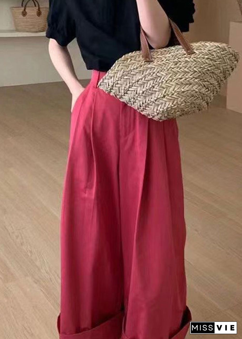 New Red Pockets High Waist Patchwork Cotton Wide Leg Pants Fall