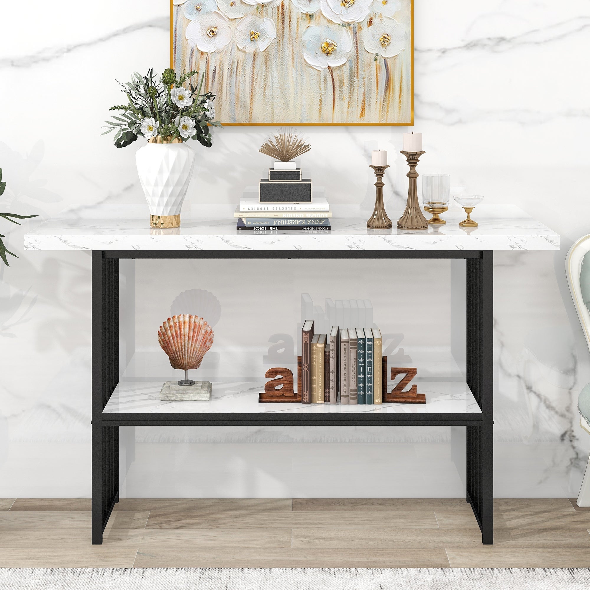 Console Table with 2 Shelves， Extra Long Entryway Table with Metal Frame