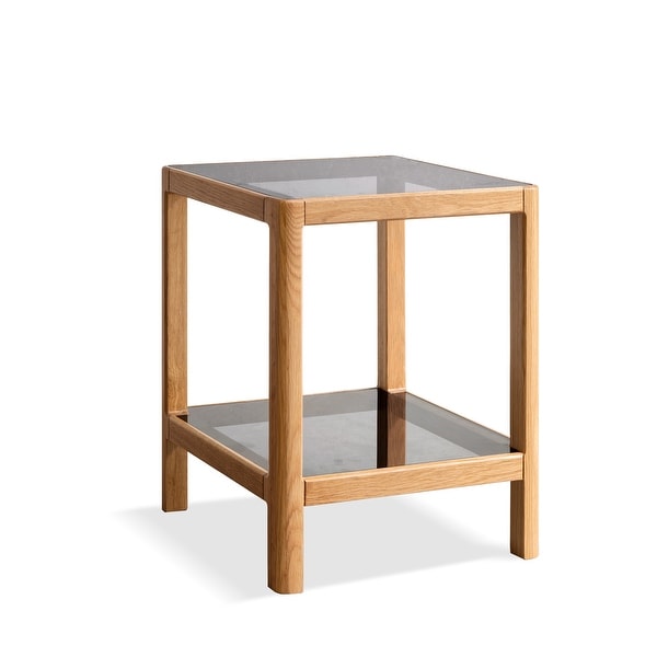 Natural Oak Wood End Table with Tempered Glass