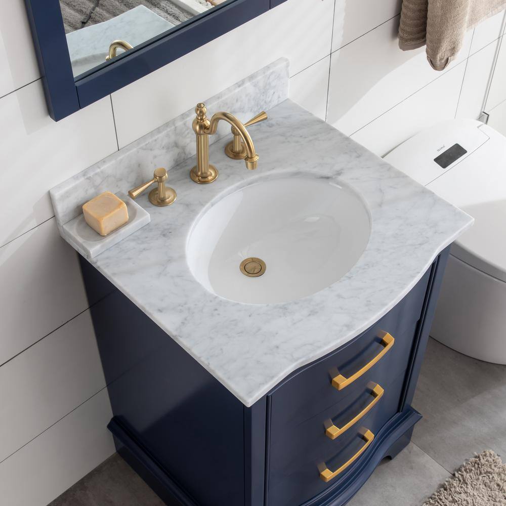 SUDIO Monroe 24 in. W x 22 in. D Bath Vanity in Navy Blue with Natural Marble Vanity Top in Carrara White with White Basin Monroe-24NB