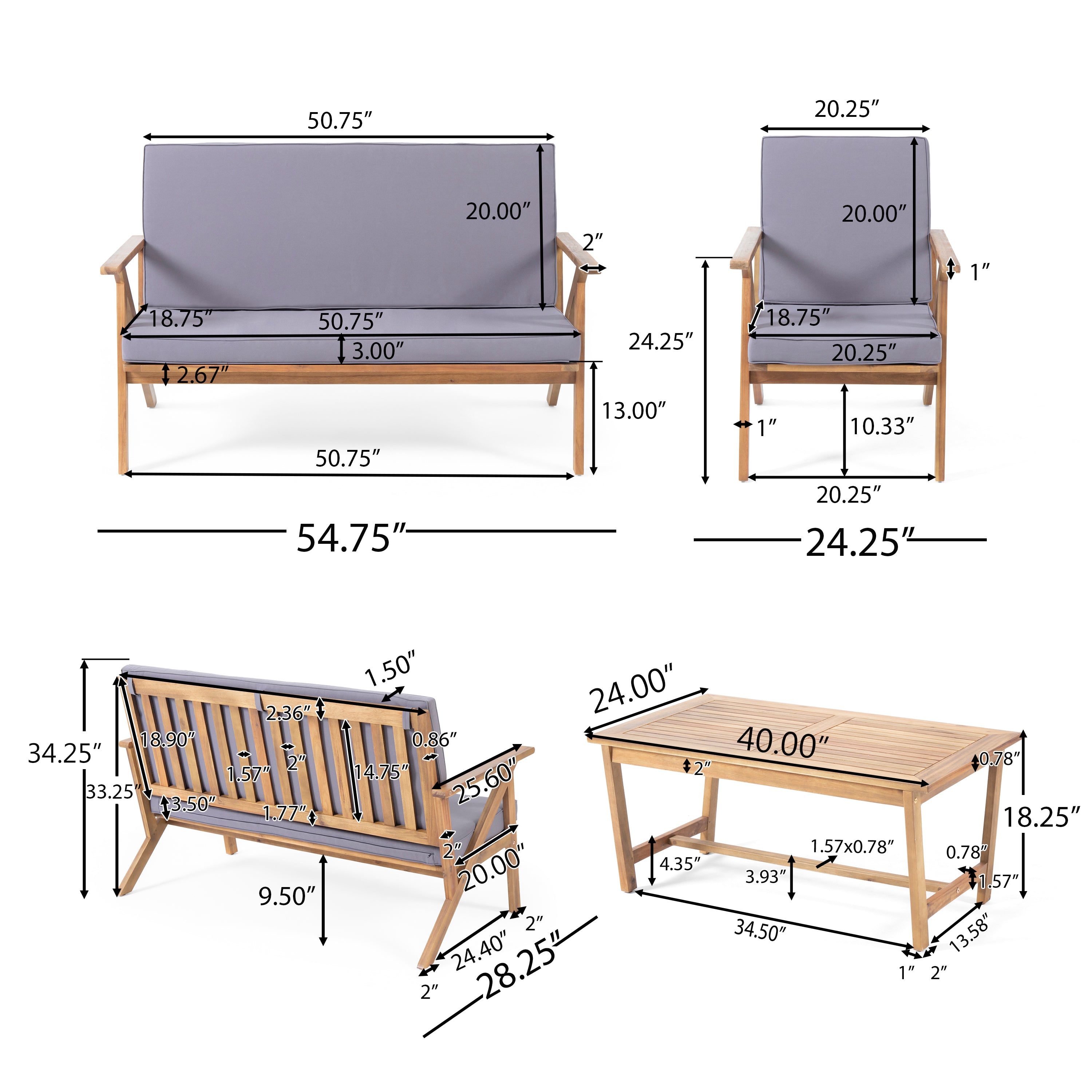 Manarola 4 Pc Outdoor Natural Wood Finish Chat Set w/ Water Resistant Cushion