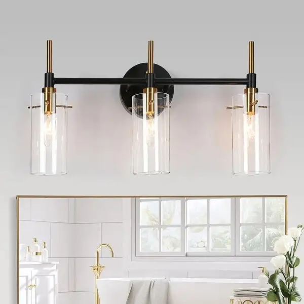 Modern Black Gold Bathroom Vanity Light Dimmable Wall Sconces with Cylinder Glass