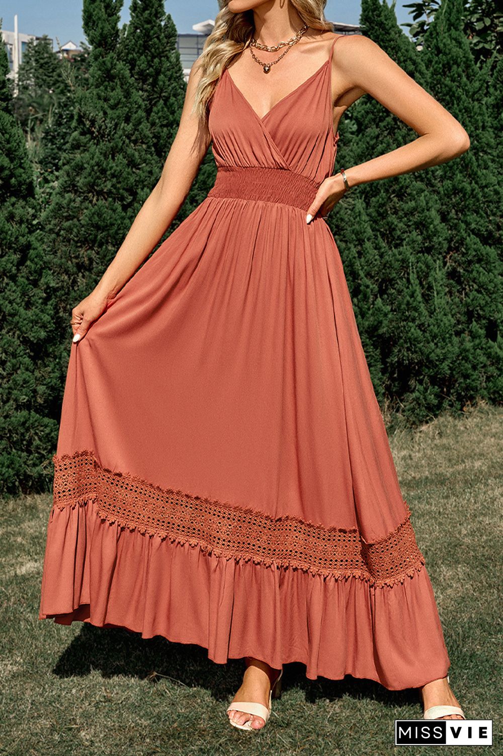 Plain V Neck High Waist Lace Tape Splicing Hem Maxi Dress