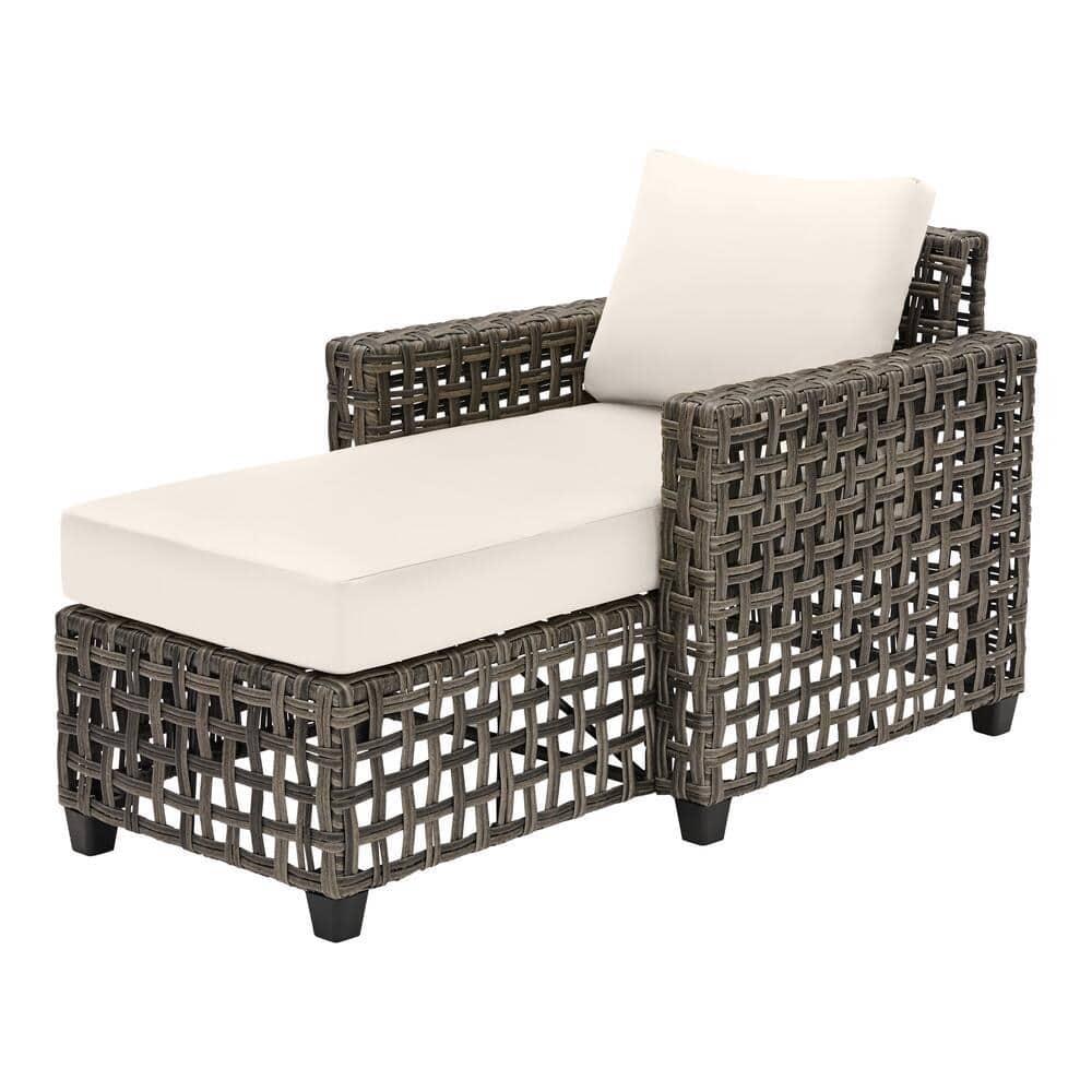 Hampton Bay Briar Ridge Brown Wicker Outdoor Patio Chaise Lounge with CushionGuard Almond Tan Cushions