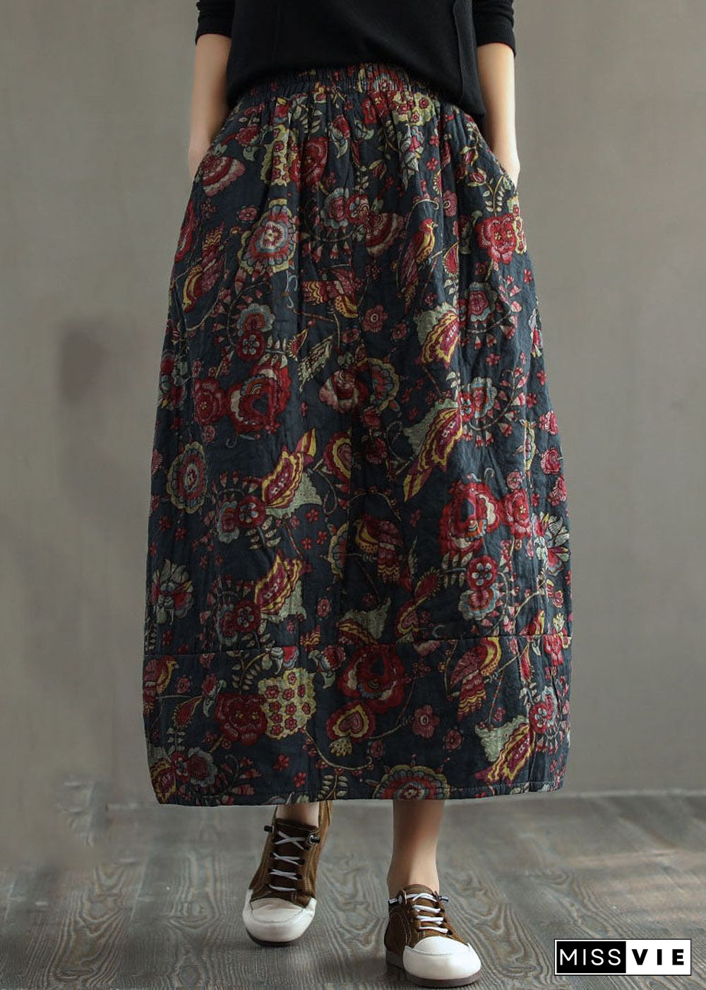 Women Black - texture Elastic Waist Patchwork Print Fine Cotton Filled Skirt Winter