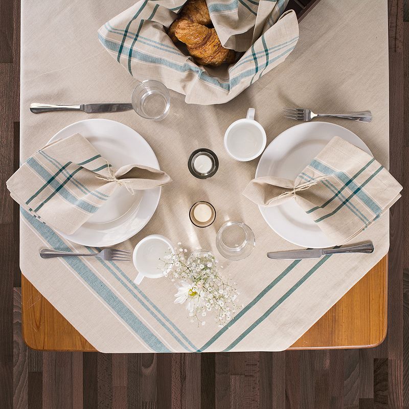 White and Teal French Striped Chambray Rectangular Tablecloth 60 x 84