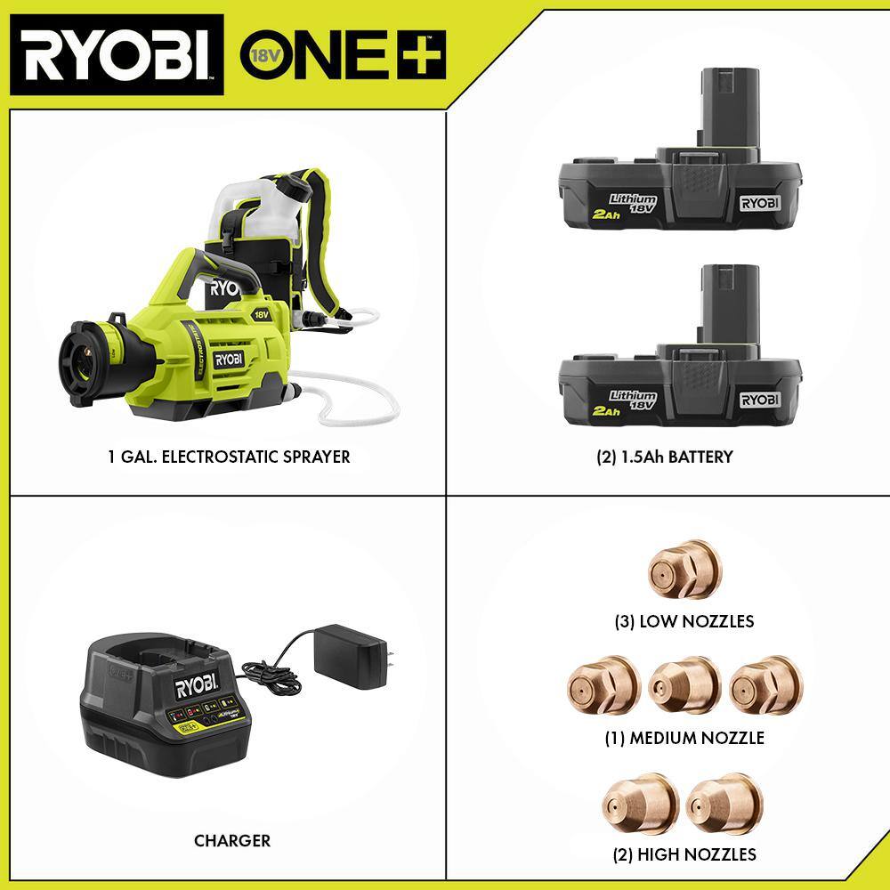 RYOBI ONE+ 18V Cordless Electrostatic 1 Gal. Sprayer w Extra (2) Med.  (1) High Nozzles (2) 2.0 Ah Batteries  (1) Charger P2870-A14