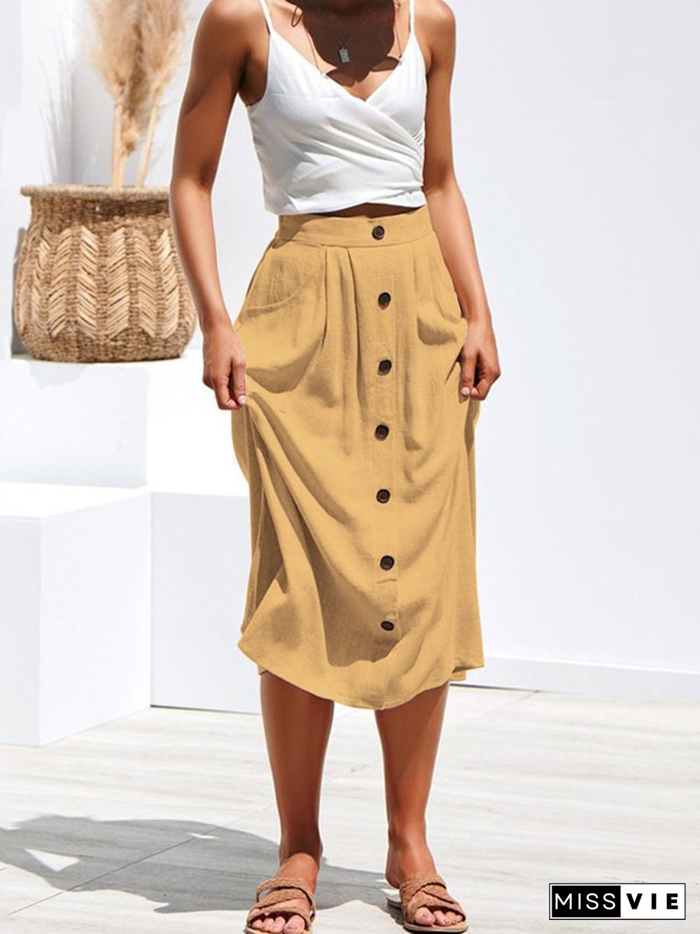 A-Lined Buttons Knee Length Midi Skirt With Pockets