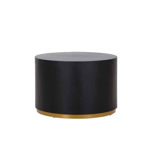 Black Round Coffee Table with Gold Rim Bottom， Round Wood Barrel End Table Side Table for Living Room Bedroom - as picture