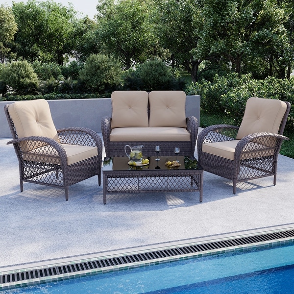 UPHA 4Piece Brown Wicker Patio Conversation Deep Seating Set with Coffee Table and Cushions