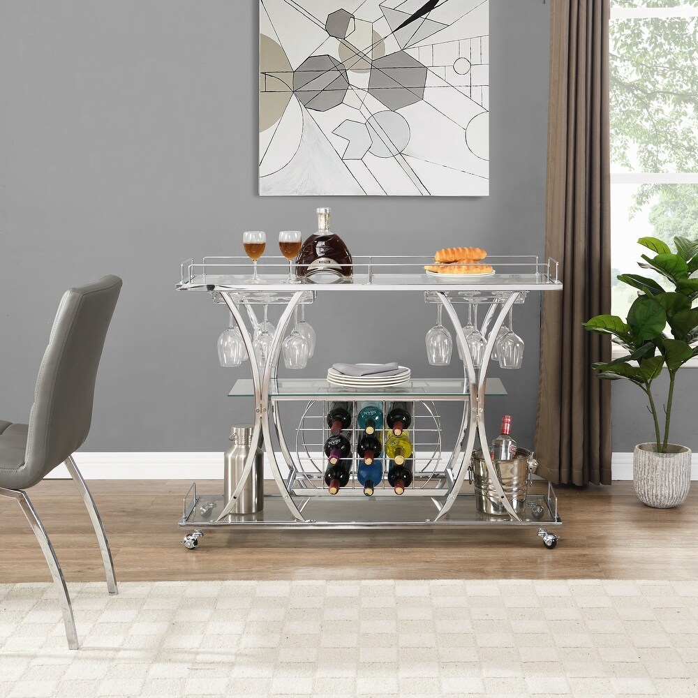 Contemporary Chrome Bar Cart with Wine Rack Silver