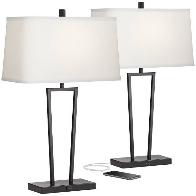 Tall Set Of 2 Black Metal With Usb Charging Ports White Rectangular Shade For Bedroom Living Room Bedside