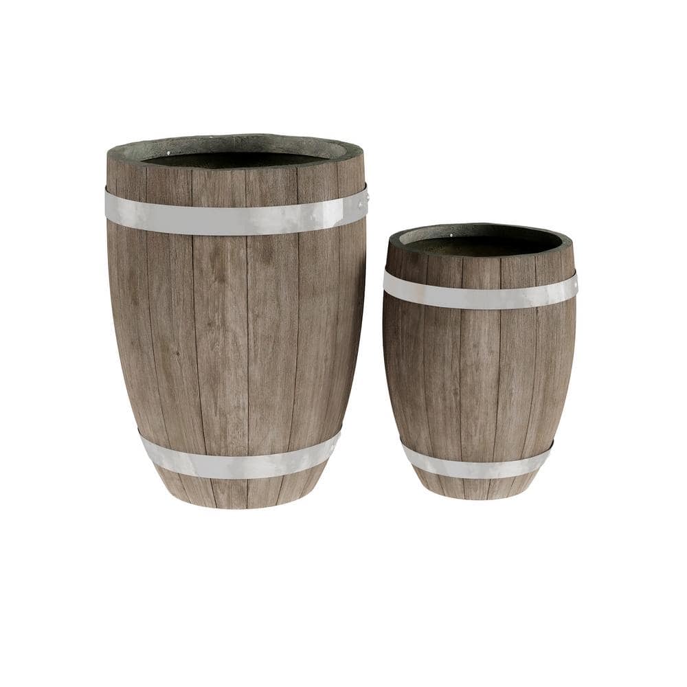 Pure Garden Light-Weight Fiber Clay Whiskey Barrel Planter Flower Pots-13 in. and 9.4 in. Diameter (Set of 2) 50-T227