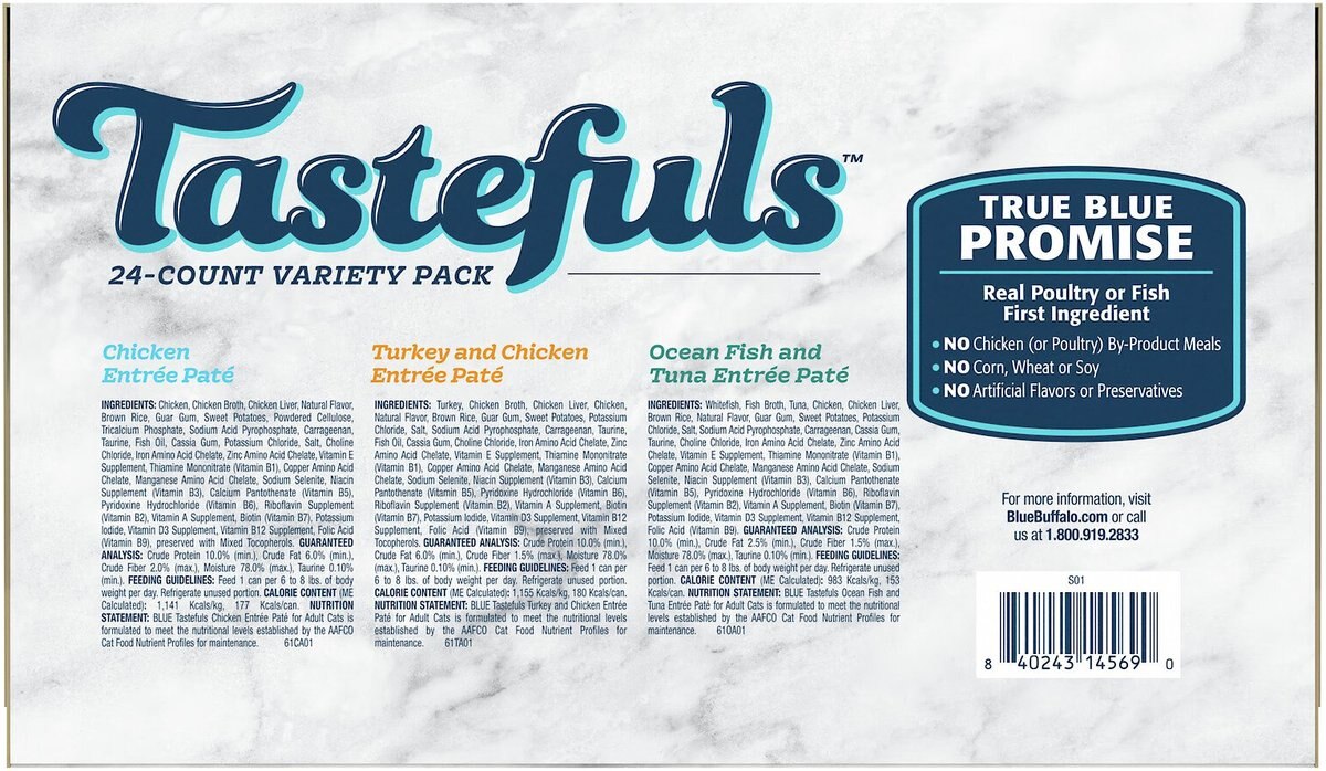 Blue Buffalo Tastefuls Chicken and Pate Cat Food， 5.5-oz can， 24 count