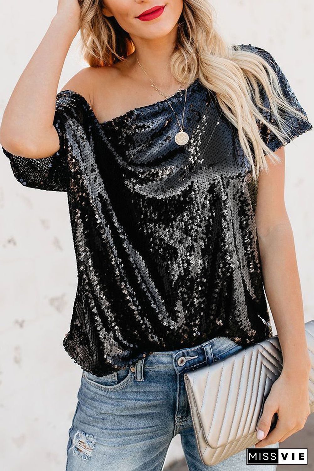 Sequined Skew Neck Short Sleeve T-Shirt