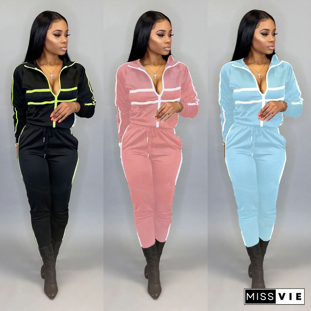 Leisure Solid Color Mosaic Zipper Jacket Two-piece Pants Set