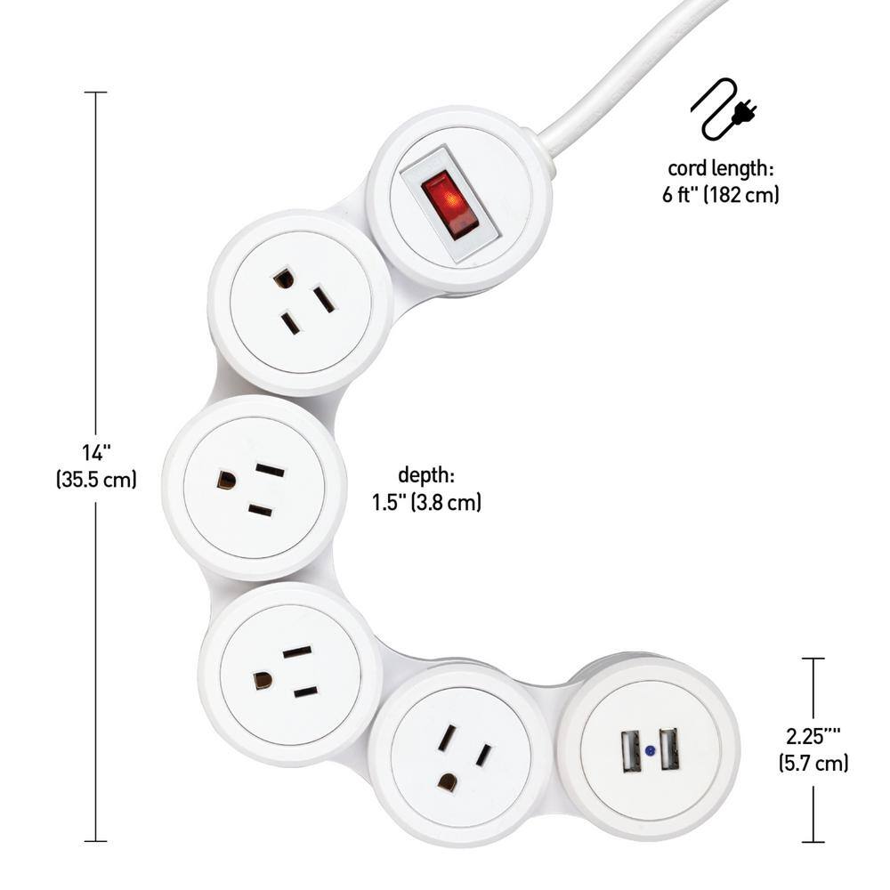 Globe Electric Flexigon 6 ft. 2 USB Port 4-Outlet Surge Protector Power Strip 7817501