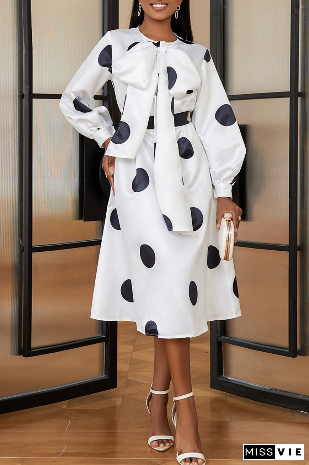 Casual Dot Print With Belt With Bow O Neck Long Sleeve Dresses