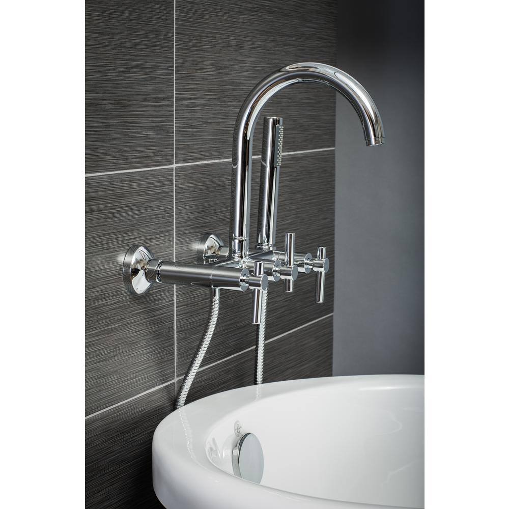 PELHAM  WHITE Modern 3-Handle Wall Mount Tub Faucet with Handshower and Hose Metal Levers in Chrome PW82412-L-PC