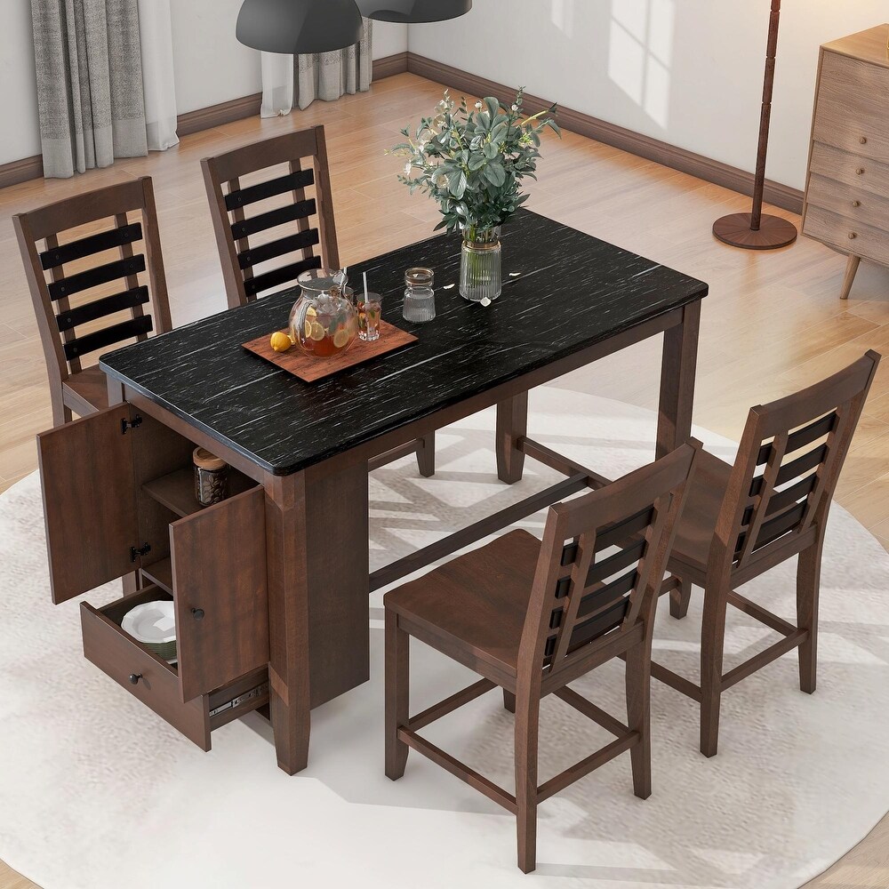 5 Piece Dining Set with Faux Marble Tabletop  Solid Wood  and Storage