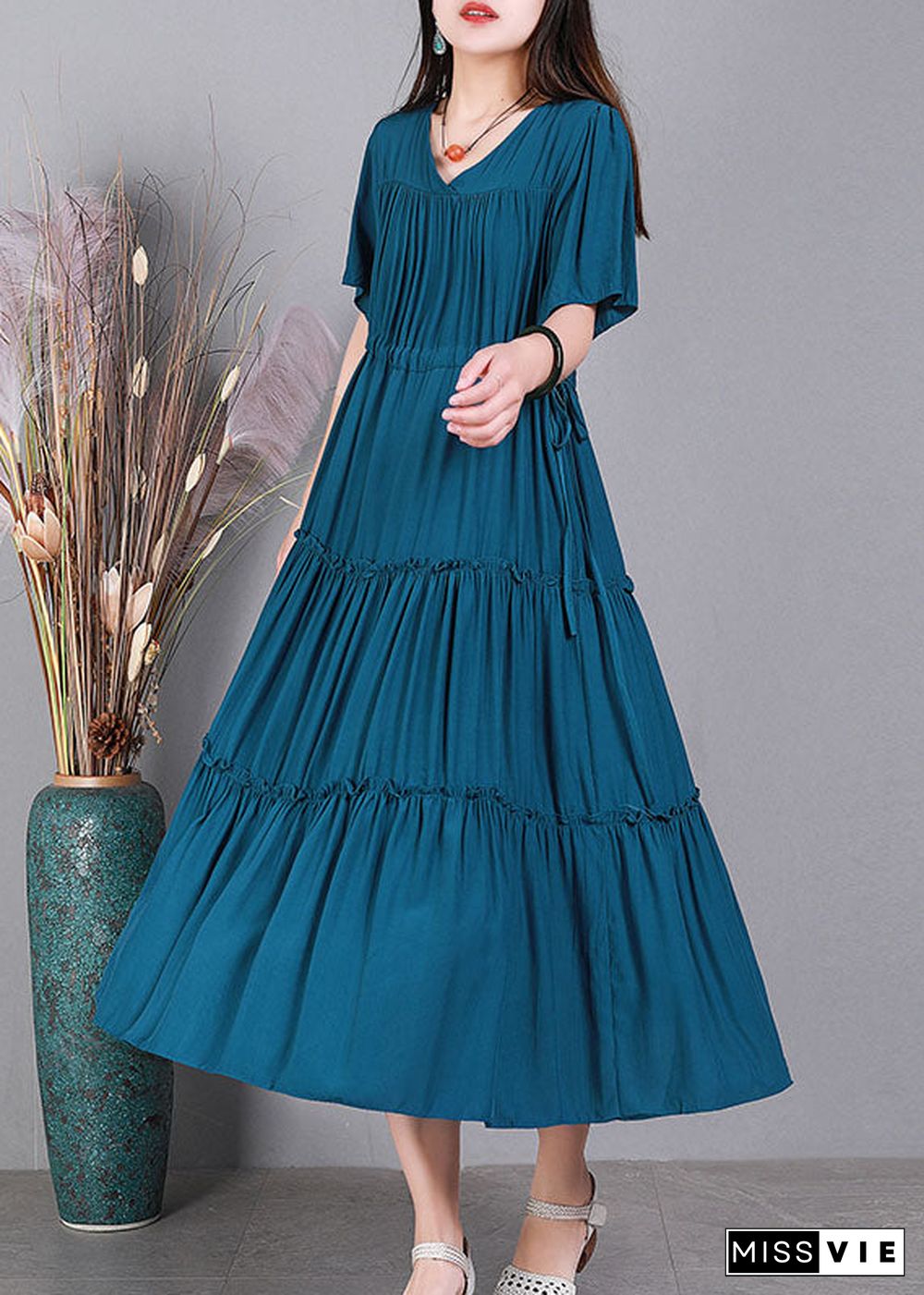 Handmade Peacock Blue V Neck Solid Color Cotton Maxi Dresses Short Sleeve