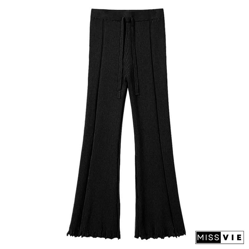 Chic Pure Color Knit Fringed Casual Pants