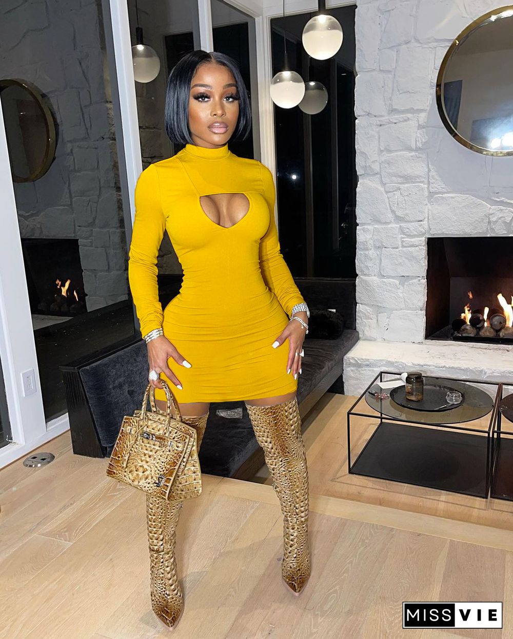 Hollow Chest Long Sleeve Slim Solid Mini Dress
