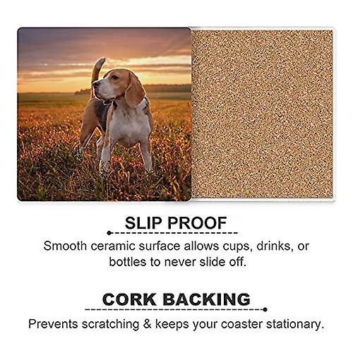 Colourlife Beagle Dog On The Beautiful Sunset Printed Square Ceramic Coaster For Drinks With Cork Base For Coffee Cups Place Mats For Home Decor Set O