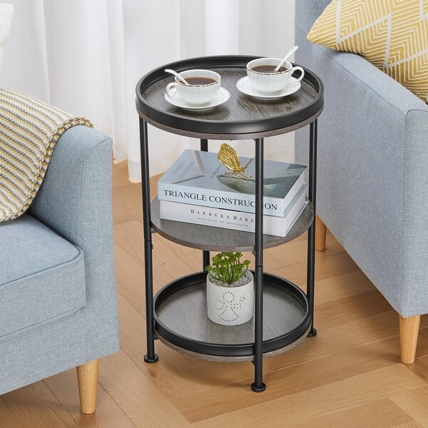 Round Industrial Sofa Table with 3 Storage Shelves，Grey