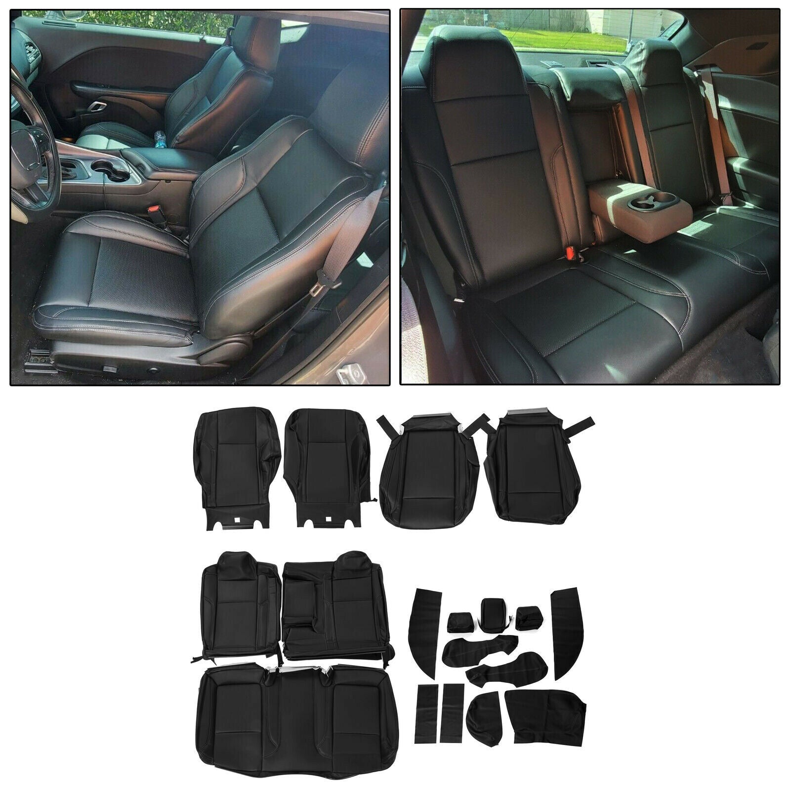 Kojem Leather Seat Covers Sets for 2015-2019 Dodge Challenger SXT RT Sport Black Artificial Leather Full Set