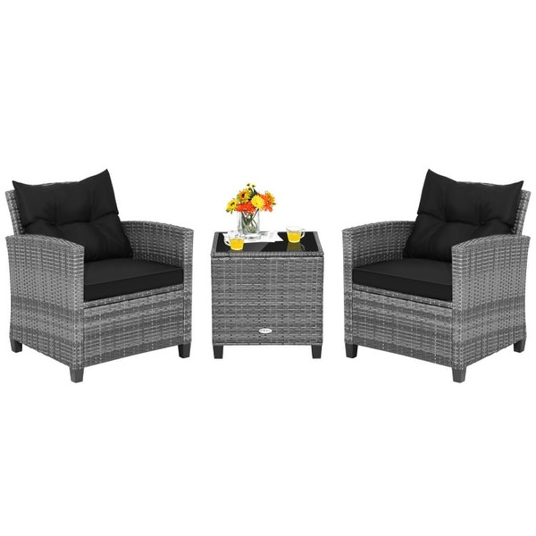 3Piece Outdoor Wicker Patio Furniture Set with Tempered Glass Coffee Table