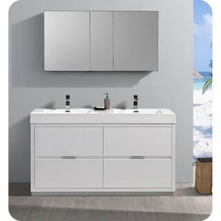 Fresca Valencia 60 in. W Bathroom Vanity in Glossy White with Double Acrylic Vanity Top in White FCB8460WH-D-I